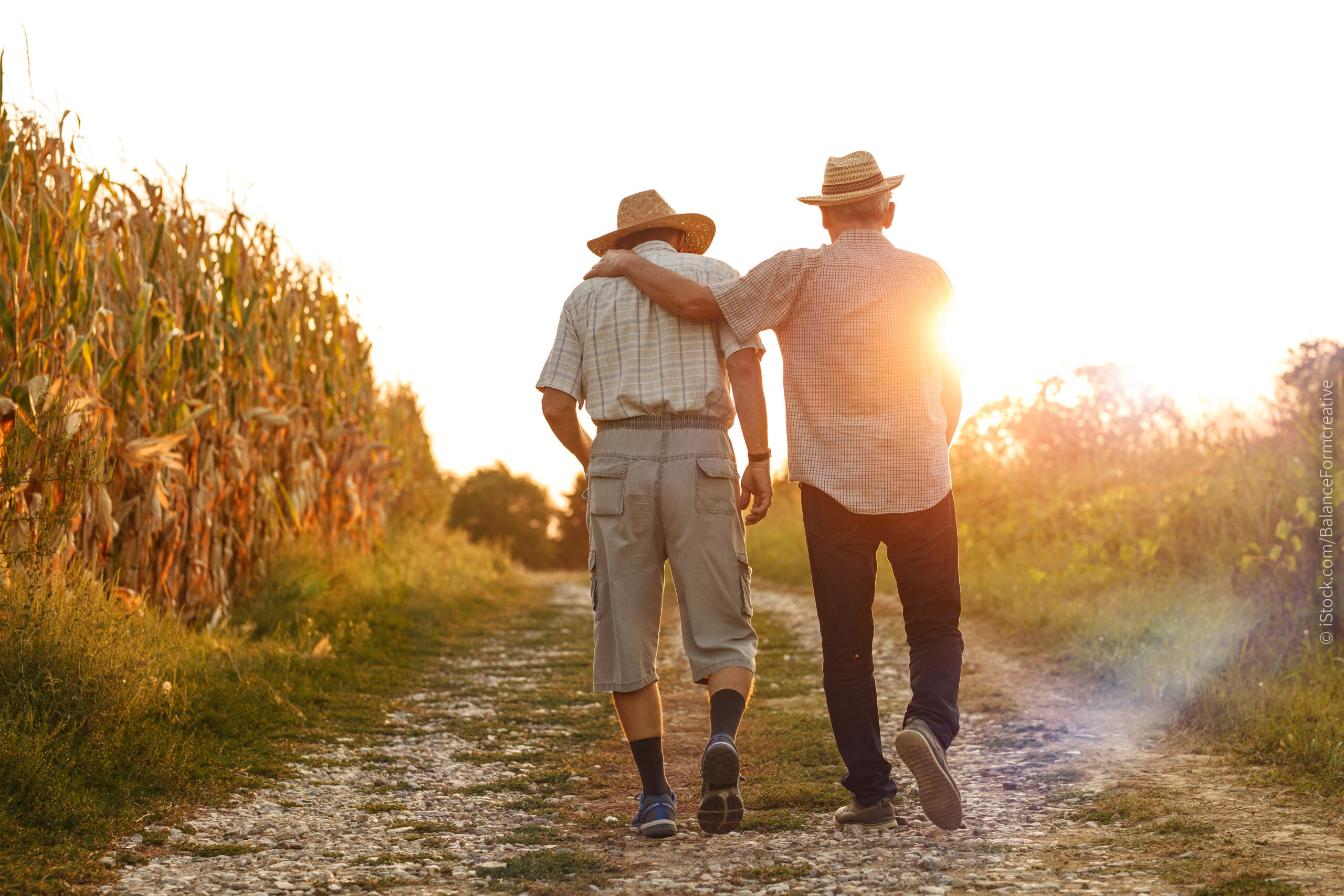 zwei alte Freunde laufen dem Sonnenuntergang entgegen. Blogbild zum Thema: Liebt mich Gott